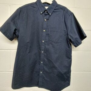 ROWM Navy Blue White Speckle Button Down Shirt Mens LARGE Short Sleeve Coastal